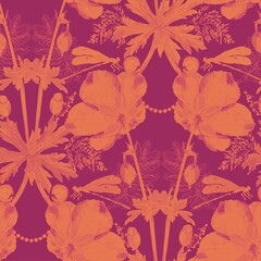 Wild flowers seamless pattern on dark background pink on blue fuchsia silhouette vintage contour cutout figure outline a shadow