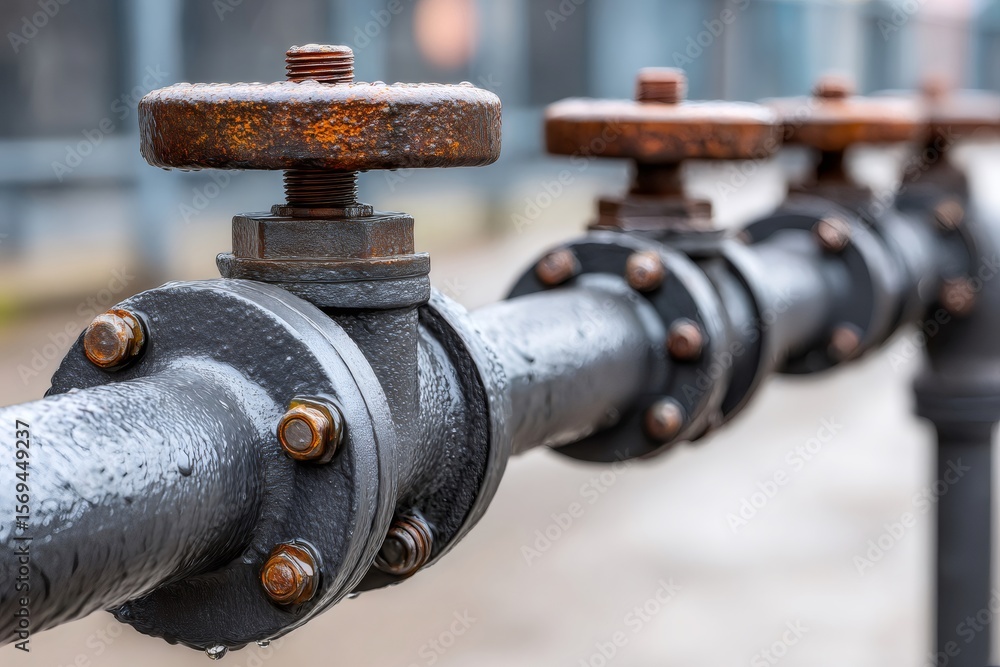 Poster rusty valves controlling flow in industrial pipeline system