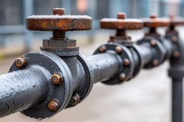 Rusty valves controlling flow in industrial pipeline system