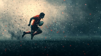 Naklejka premium Rugby Player Running Through Stormy Debris