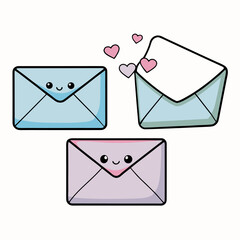 Three cute cartoon envelopes with hearts, showing emotion and conversation.