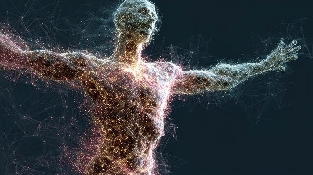 A pulsating, abstract representation of a human figure, composed of a mesh of organic and technological elements, symbolizing the merging of biology and technology through biohacking