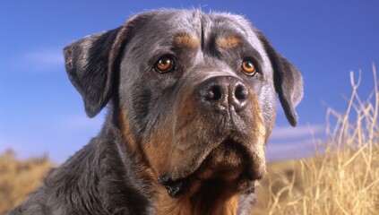 Fototapeta premium a brown and black dog. a dog with a blue sky in the background. a brown dog standing in a grassy field