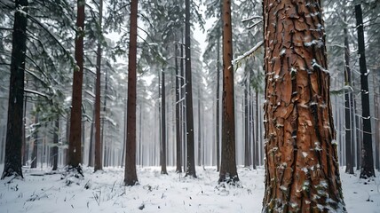 A winter scene of tall trees covered in snow with a prominent tree trunk in the foreground view
