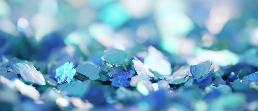 Close-up view of scattered, iridescent blue glitter.