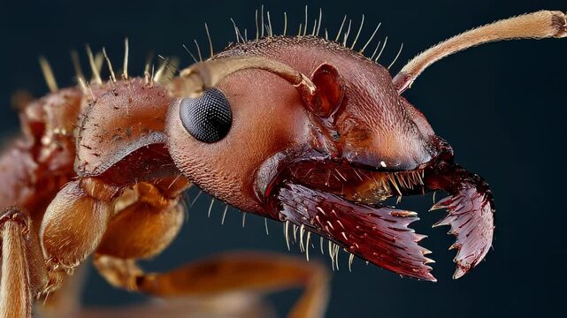 A closeup of a fire ants mandibles reveals the complex chemistry behind its powerful bite, aided by selfassembling structures on its jaw for maximum efficiency in capturing prey.
