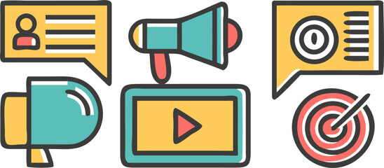 Flat vector illustration of megaphone and video play icon, ideal for digital marketing, advertising, and media promotion visuals.
