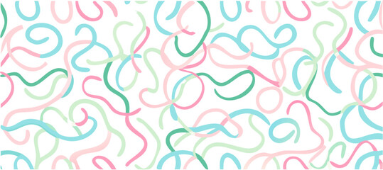 Whimsical abstract pattern with colorful curved lines on white, suitable for modern design, textiles, or playful branding.