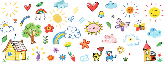 Child-style drawing of sun, clouds, stars, hearts, and flowers with a cheerful and colorful crayon touch.