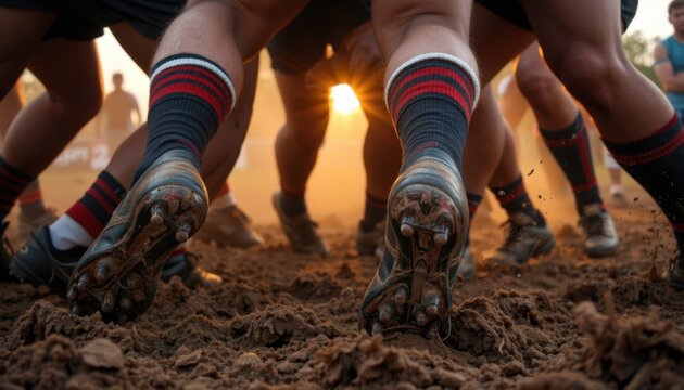 Rugby match action outdoor field sports photography dusty environment low angle view dynamic movement