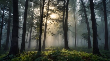 Sunlight streaming through misty forest with tall trees and green ground cover in the foreground