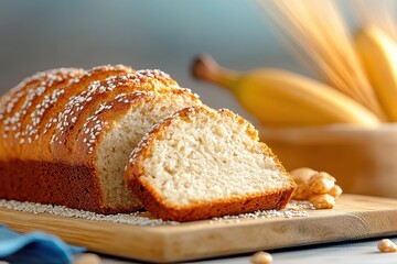 Freshly baked sliced banana bread with sesame seeds on wooden board.