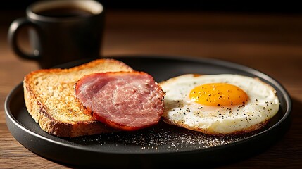 Classic Breakfast, Fried Egg, Ham, Toast and Coffee