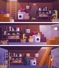 Basement room interior vector flat illustrations set, cartoon storage home cellar with stairs, old furniture and stuff