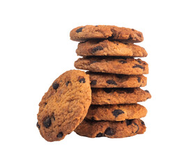 pile of chocolate chip cookies on white background