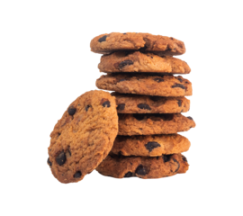 pile of chocolate chip cookies on white background