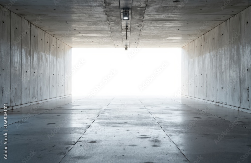 Poster a concrete tunnel with bright light at the end creating a sense of depth and perspective