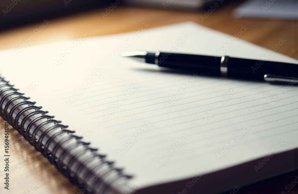 Poster a blank lined notebook with a pen resting on top, ready for writing or note-taking