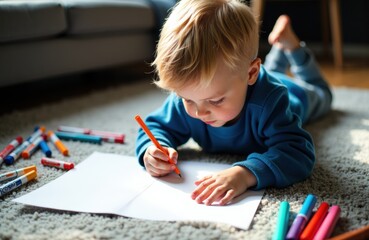 Child lying on carpet drawing with colored markers on a blank sheet of paper in a cozy home setting