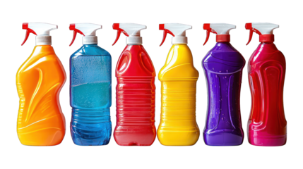 Colorful spray bottles lined up against a black backdrop