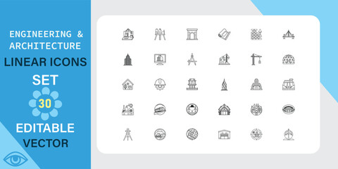 Editable Vector Linear Icons Engineering, Architecture, Building Designs