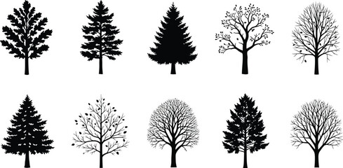Various tree silhouettes are displayed against a white background