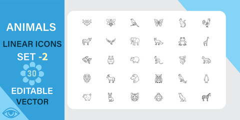 Animals linear icons set. Mammal, reptile, insect and more. Outline vector icon in linear style. Editable stroke. Vector illustration.