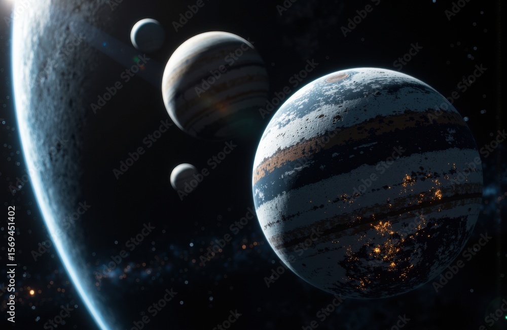 Poster four planets orbiting in deep space with stars and cosmic dust in the background