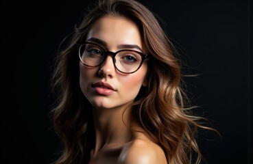 Fototapeta premium Close-up portrait of a young woman with wavy brown hair and glasses against a dark background