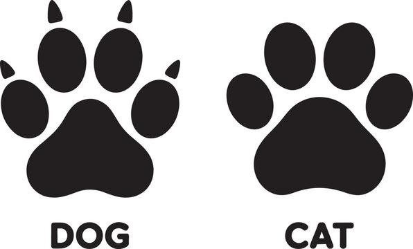 Black dog and cat paw print silhouettes isolated on white background