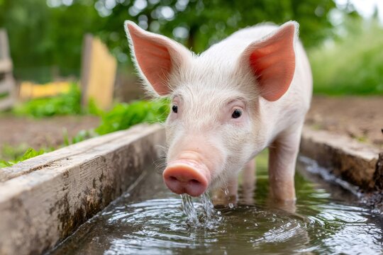 Young pig drinking water on farm on sunny day