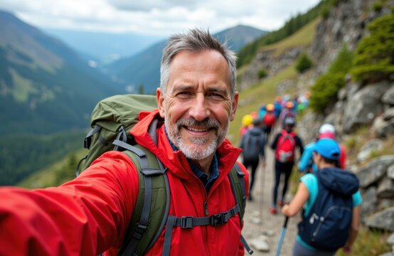 A smiling man taking a selfie while hiking on a mountain trail with a group of hikers in the background