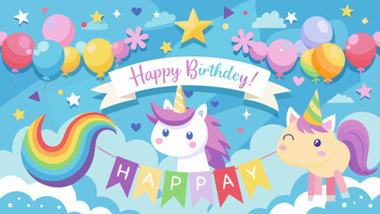 Naklejka premium Cute unicorns celebrating a happy birthday with balloons and rainbow banner