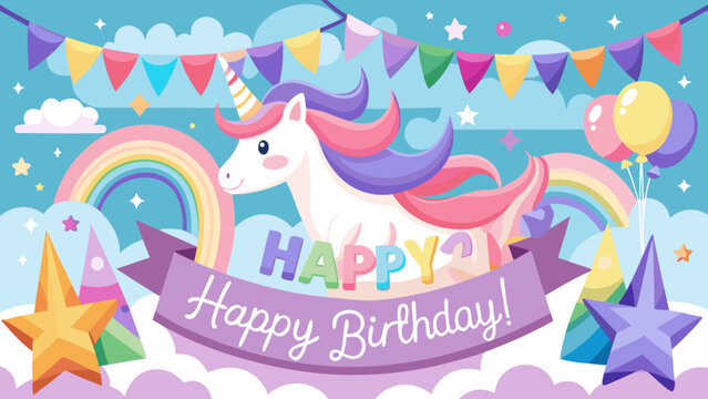 Magical unicorn birthday celebration with rainbows balloons and bunting flags