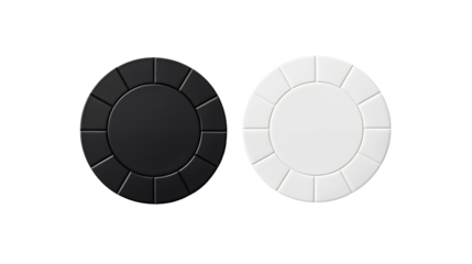 Contrasting black and white poker chips create graphic game elements isolated on transparent background