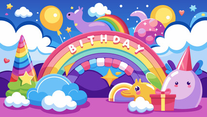 Magical unicorn birthday celebration with rainbow and balloons
