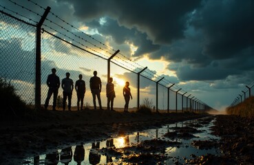 Group of five people standing near a barbed wire fence during sunset with dark clouds in the sky and puddles reflecting the scene