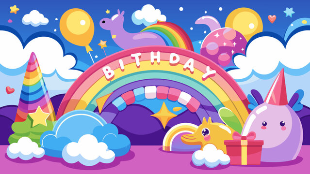 Magical unicorn birthday celebration with rainbow and balloons