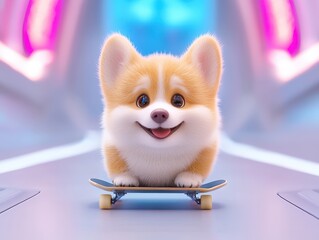 A cute corgi puppy skillfully skateboards, exuding playfulness and joy in a vibrant, colorful setting.