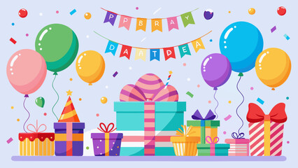 Obraz premium Festive birthday celebration with colorful balloons gifts and confetti banner