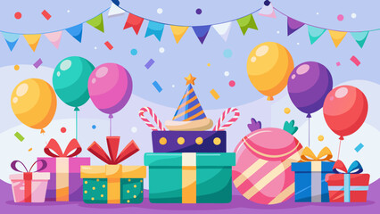 Colorful birthday celebration with gifts balloons party hat and confetti