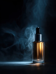 Captivating product shot of serum bottle illuminated against dark background, showcasing its elegant design and glowing contents. soft smoke adds mysterious ambiance, enhancing visual appeal