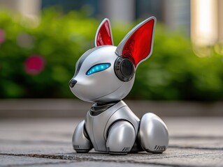 A charming robotic dog with red ears and blue eyes, sitting amidst vibrant greenery, showcasing a fusion of technology and playfulness.