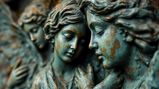 Macro details of sculpted angels and aged patina on bronze reliefs