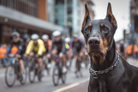 A doberman pinscher with a chain collar watching a bicycle race in the city street