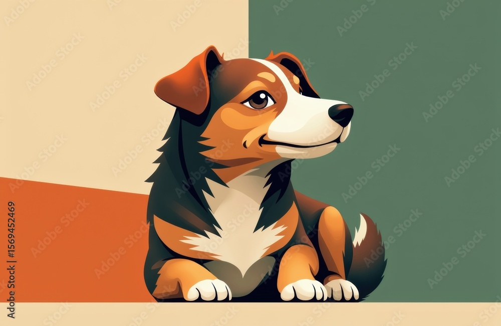 Poster cute animated puppy sitting indoors with a curious expression and a colorful background