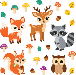 Cute woodland animals and forest elements illustration for nursery or decorative designs