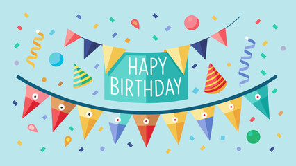 Festive happy birthday banner with colorful bunting flags and confetti