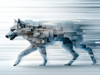 A stylized, abstract depiction of a dog in motion, created with fragmented shapes and a blurred background suggesting speed.