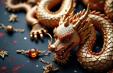 Obraz premium Ornamental dragon jewelry with intricate details and vibrant colors on a dark background